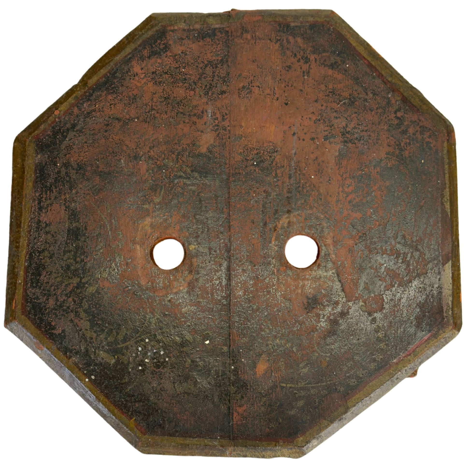 Unterseite einer indischen Holzstatue der Volkskunst mit achteckigem Sockel, Gebrauchsspuren, Patina und alten Gebrauchsspuren