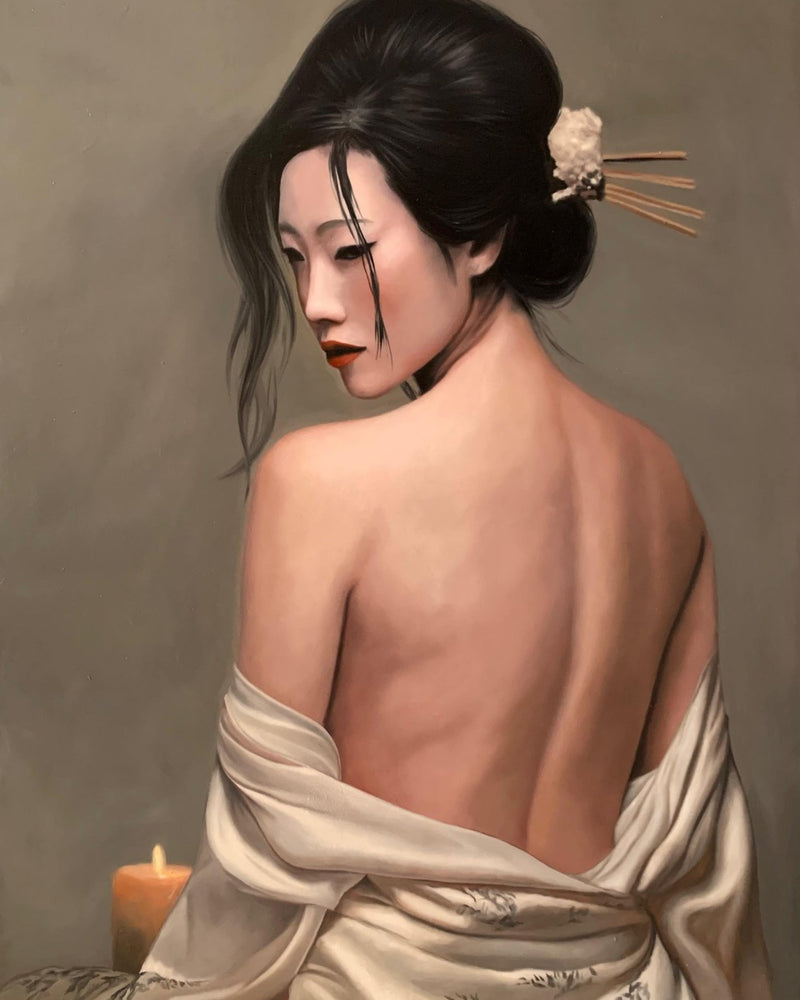 Original Ölgemälde „Geisha de marfil“ – Geisha mit nacktem Rücken