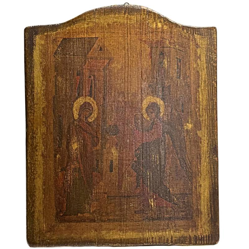 Orthodoxe Ikone der Verkündigung mit Maria und dem Erzengel Gabriel, Eitempera und Blattgold auf Holztafel.