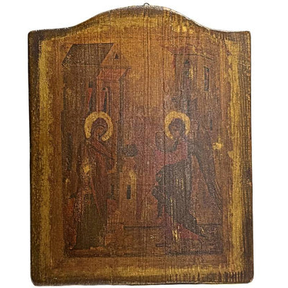 Orthodoxes Ikon der Verkündigung mit Maria und dem Erzengel Gabriel, Tempera und Blattgold auf Holztafel.
