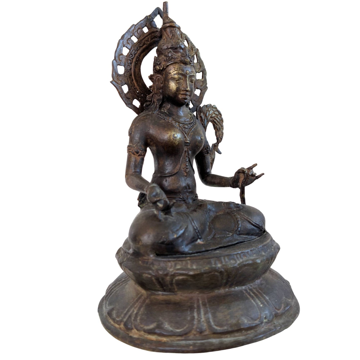 Antike Bodhisattva-Statue aus Bronze mit Resten von Feuervergoldung