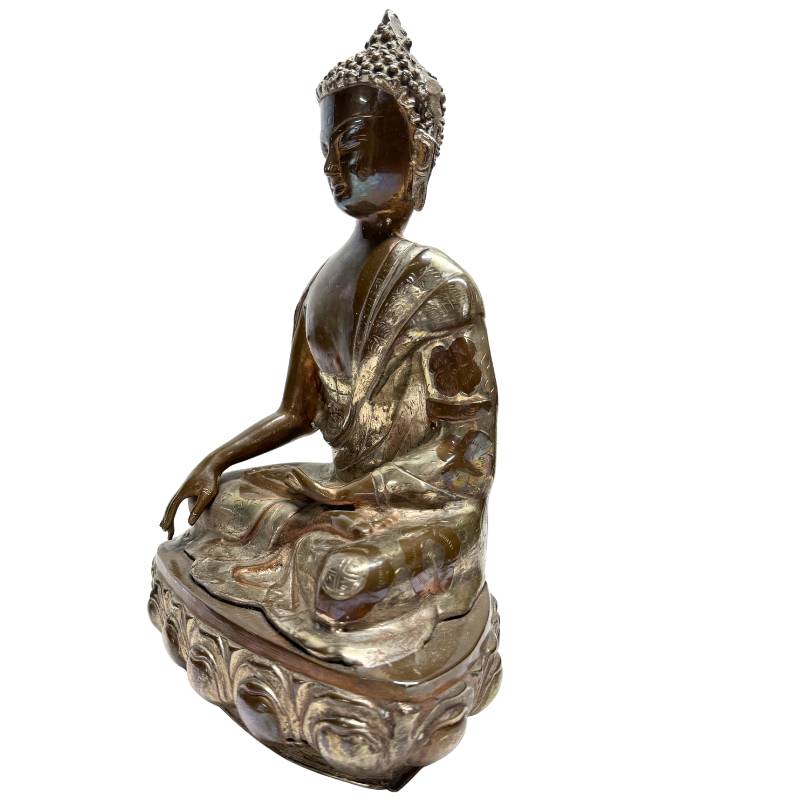 alte Buddha-Statue aus Bronze mit Bhumisparsha-Mudra-Patina