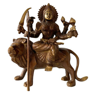 Bronzene Durga auf einem Löwen – Antike hinduistische Göttinnenstatue