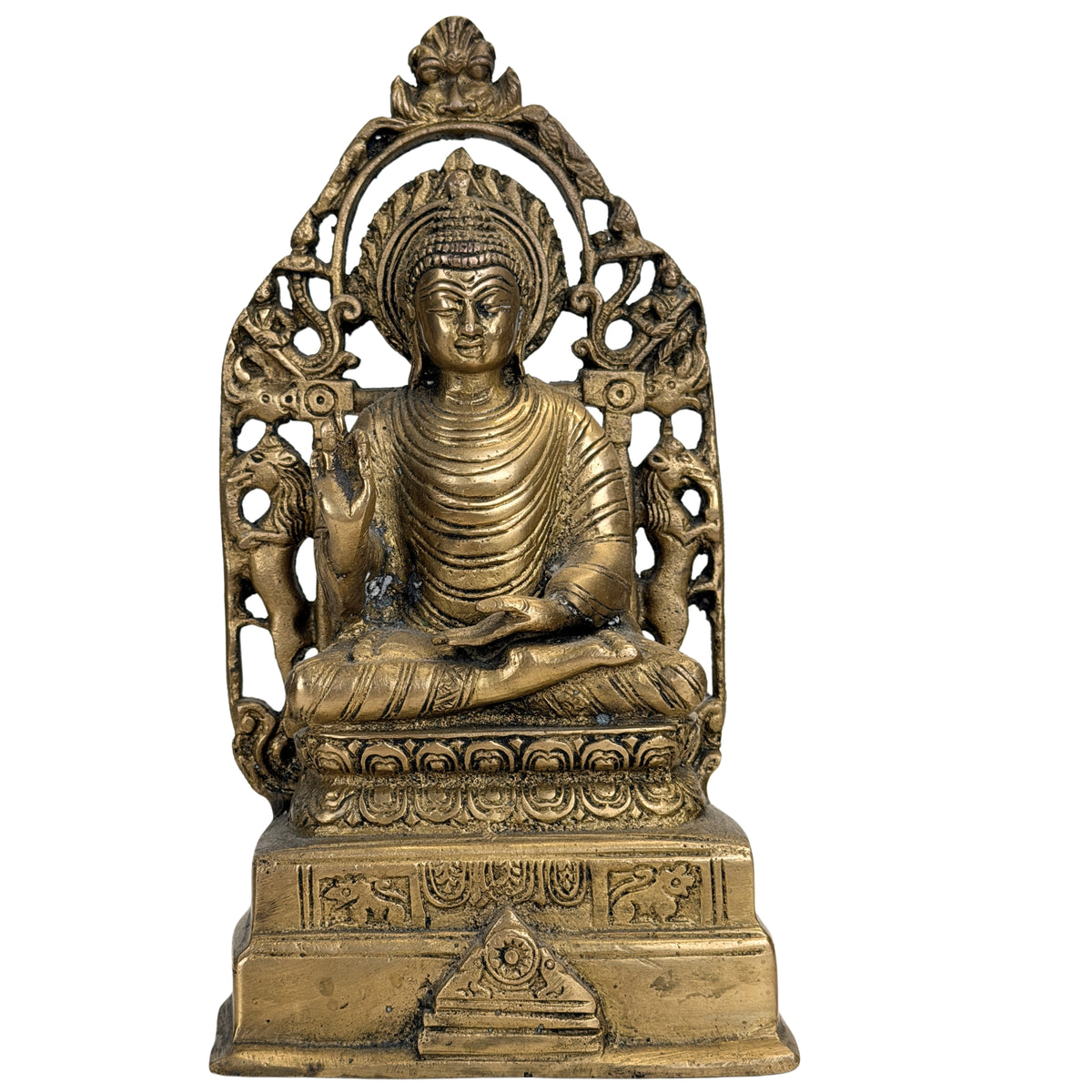 Indische Buddhafigur aus Kupferlegierung unter einer durchbrochenen Prabhavali mit Kirtimukha