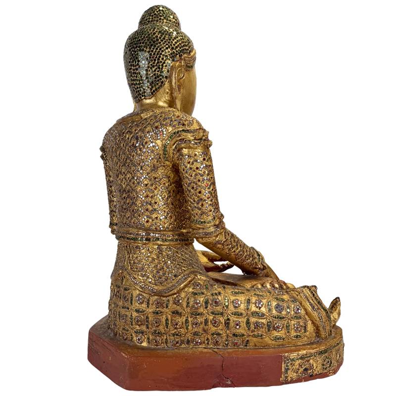 Alter Buddha, Myanmar, vergoldetes Holz mit eingelegten Glaspaneelen