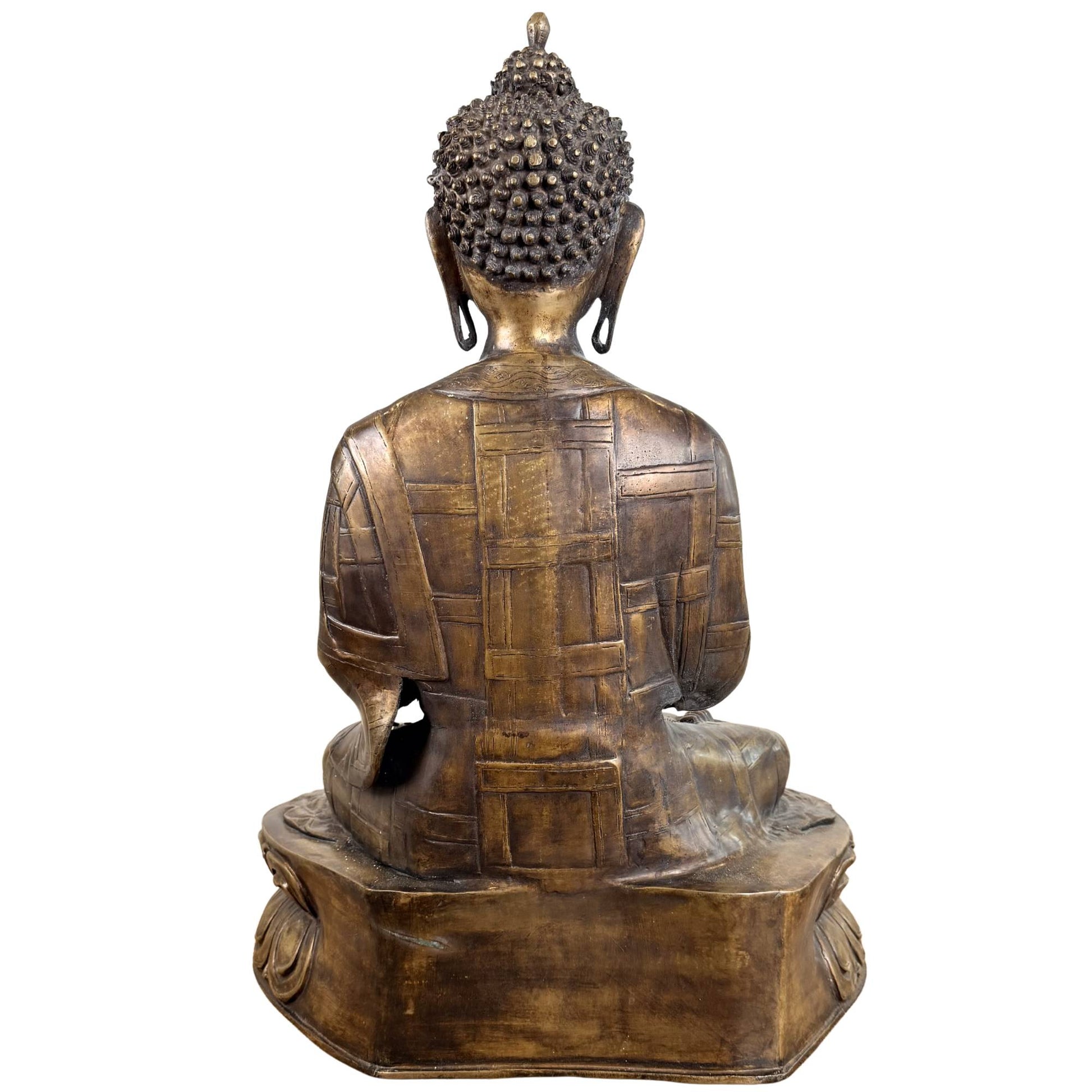 Alter Buddha aus Bronze mit Handmudra und sichtbaren Resten von Feuervergoldung