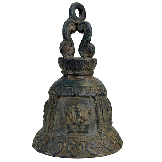 Alte Tempelglocke aus Bronze mit Ganesha-Relief und natürlicher Patina