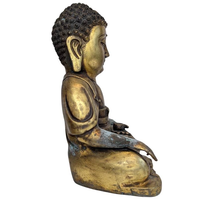 Alter chinesischer Buddha aus Bronze mit Shakyamuni-Motiv und geschlossenem Boden
