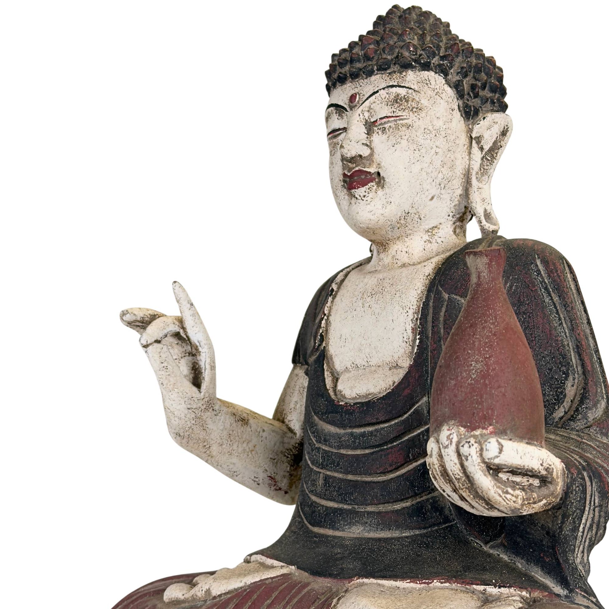 Alter hölzerner Bhaisajyaguru-Medizinbuddha mit roter Vase und verwitterter, handbemalter Oberfläche