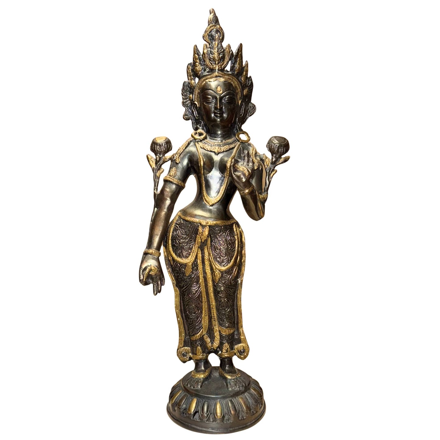 Alte tibetische Tara aus Bronze mit handgefertigtem Design und dunkler Patina