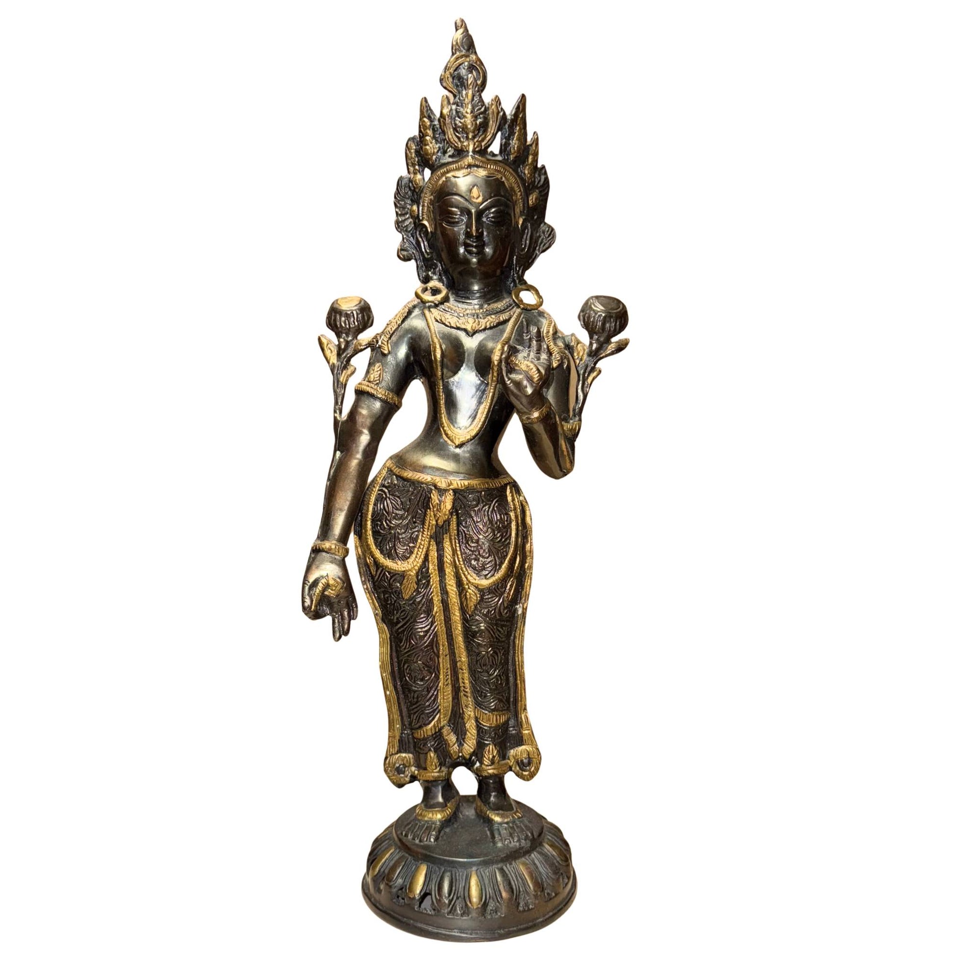 Alte tibetische Tara aus Bronze mit handgefertigtem Design und dunkler Patina
