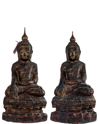 Paar antike burmesische Buddhafiguren aus lackiertem Papiermaché, ca. 1750–1825