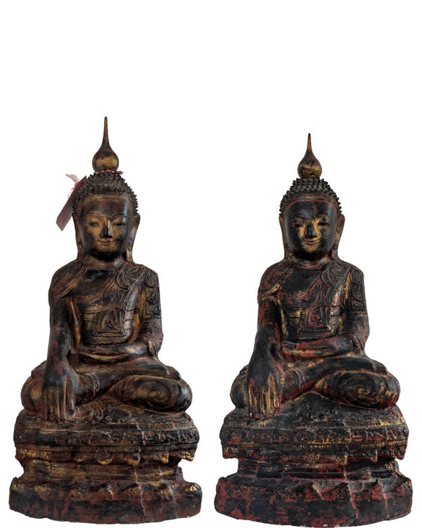 Paar antike burmesische Buddhafiguren aus Papiermaché – Konbaung – ca. 1750–1825