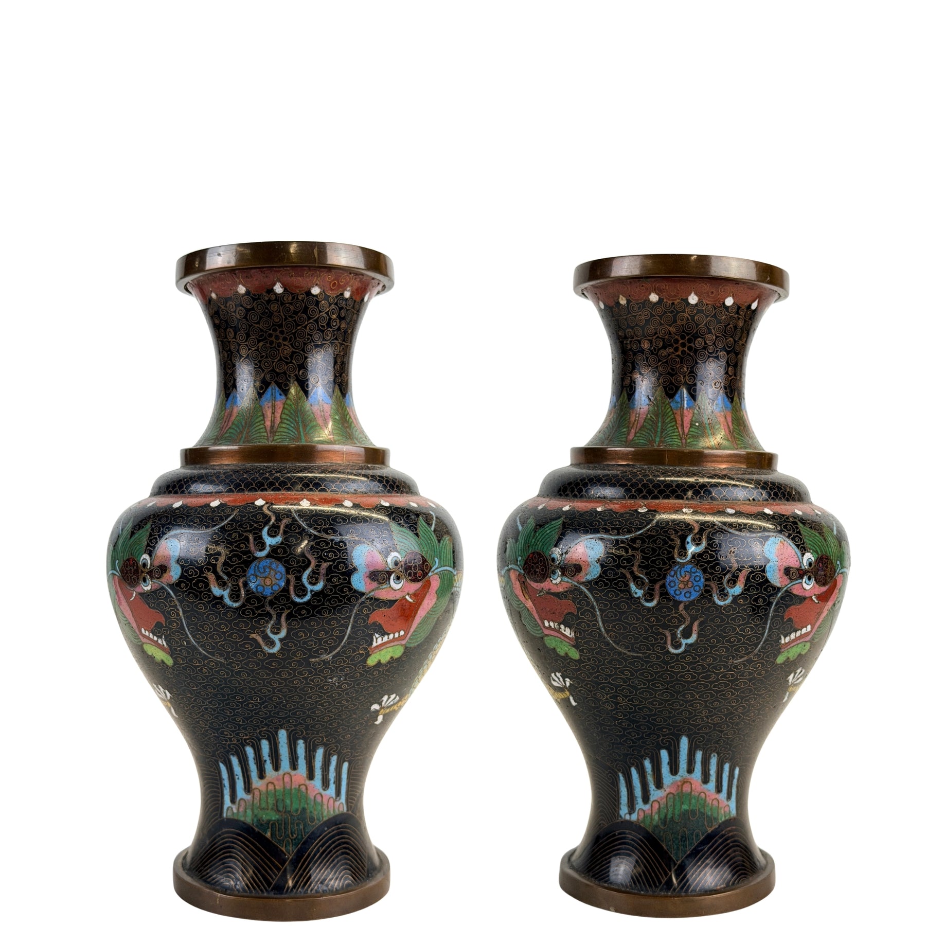 Paar große chinesische Cloisonné-Vasen im Qing-Stil mit archaischem Drachendekor