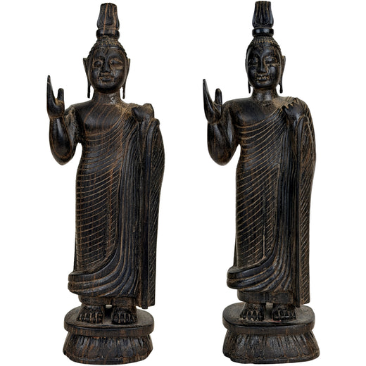 Zwei zusammengehörige sri-lankische Holz-Buddhas mit erhobener Abhaya-Hand