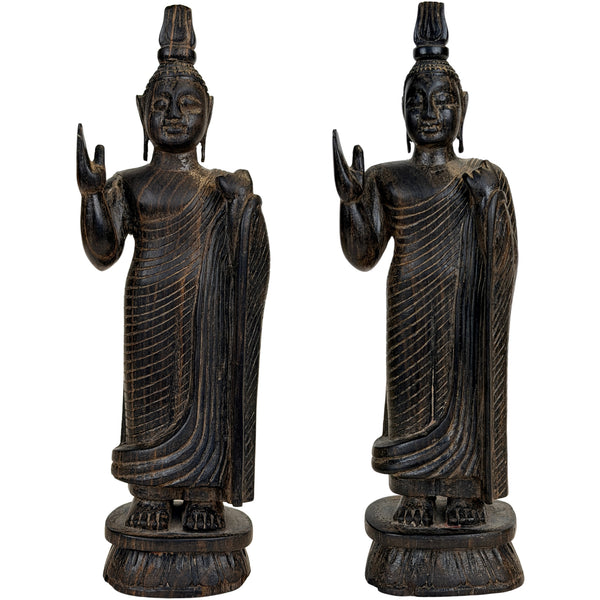 Zwei sri-lankische Theravada-Buddhas aus dunklem Holz – Abhaya, Mitte 20. Jh.