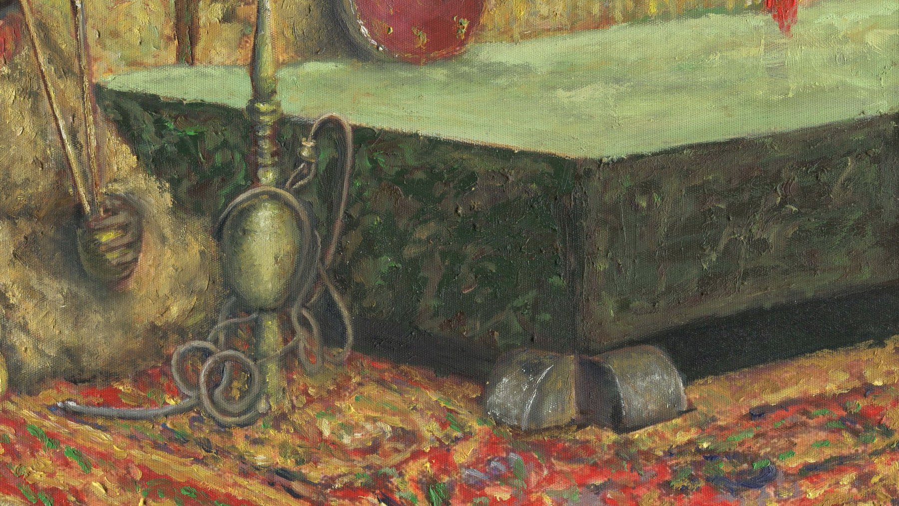 Detail der lebendigen und dick aufgetragenen Farbtechnik zur Darstellung des Pfeifenrauchs.