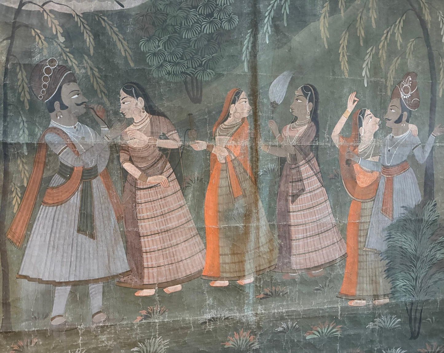Picwai-Gemälde: Krishna mit den Gopis in einer Abendlandschaft in Indien