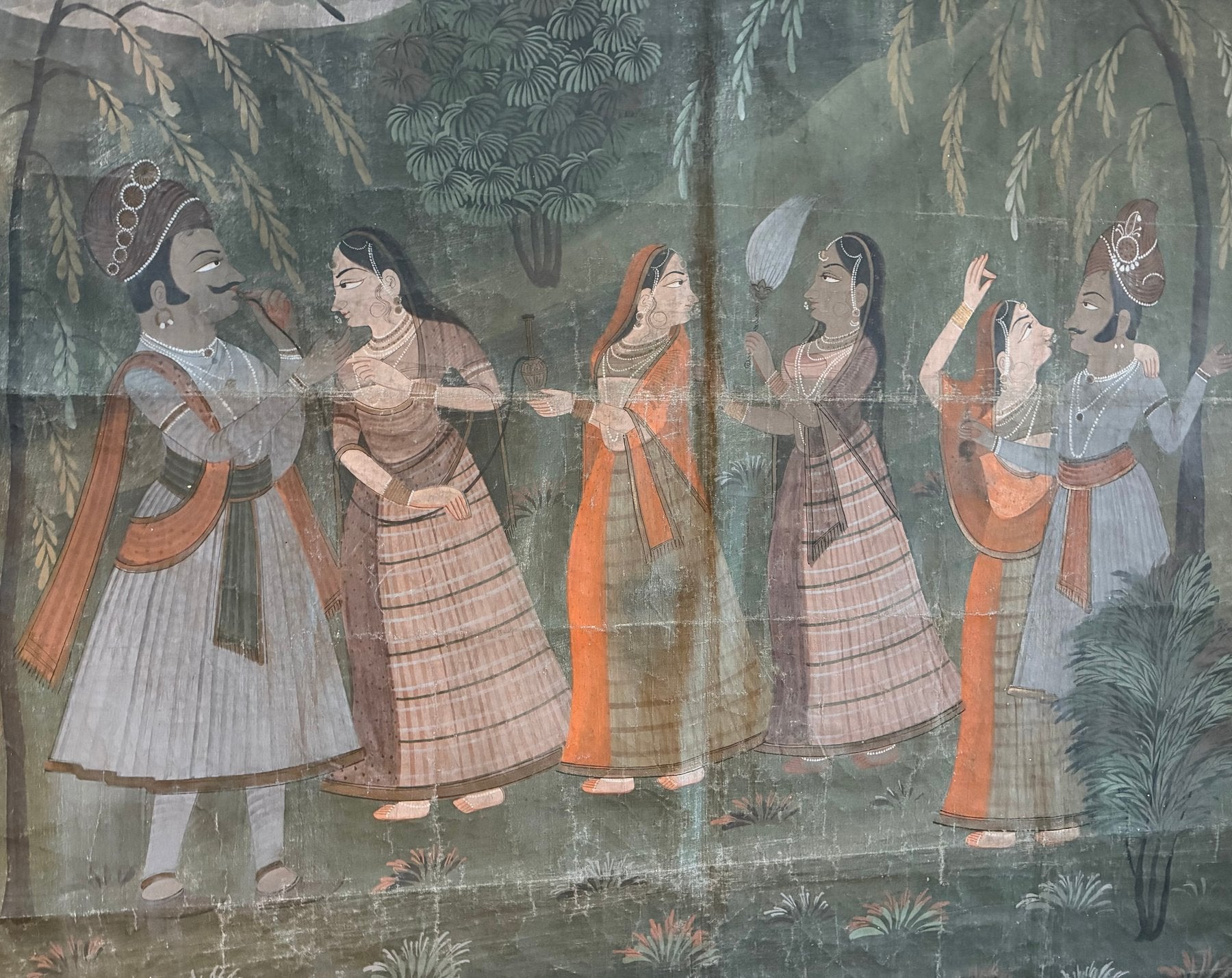 Picwai-Gemälde: Krishna mit den Gopis in einer Abendlandschaft in Indien