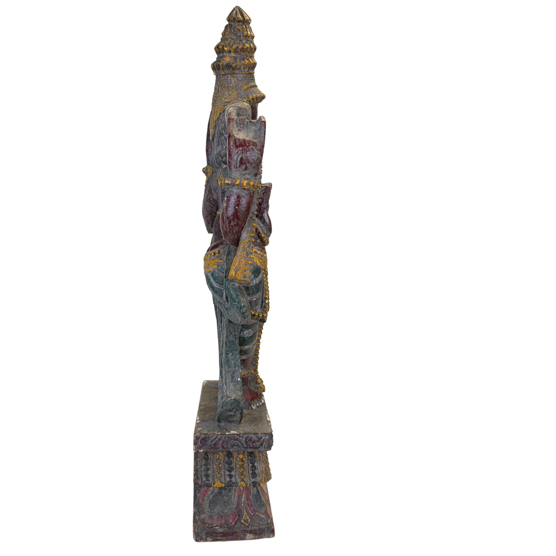 Polychrome Vishnu-Holzstatue aus dem 19. Jahrhundert mit Originalbemalung