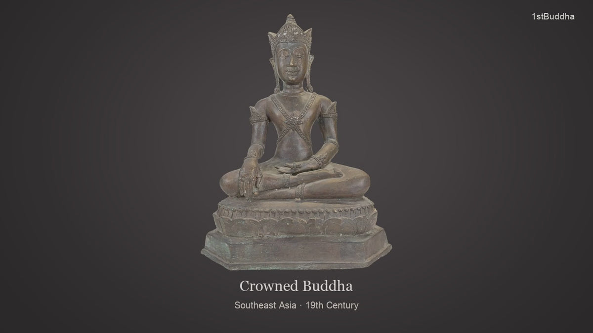 Productvideo van Antiek Bronzen Gekroonde Boeddha, Thailand of Laos, 19e eeuw, met beelden van het object en details van het oppervlak en de decoratie.