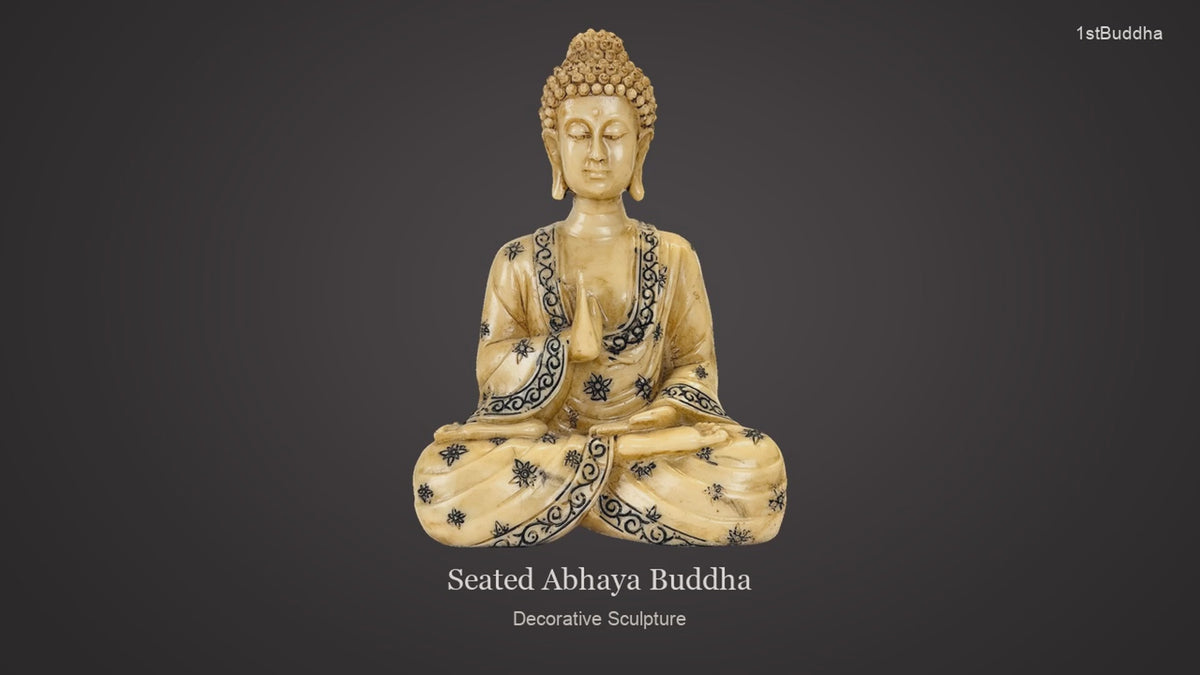 Productvideo van Decoratieve zittende Boeddha in resin met Abhaya-mudra – crème en zwart, met verschillende aanzichten en details van het object, oppervlak en decoratie.