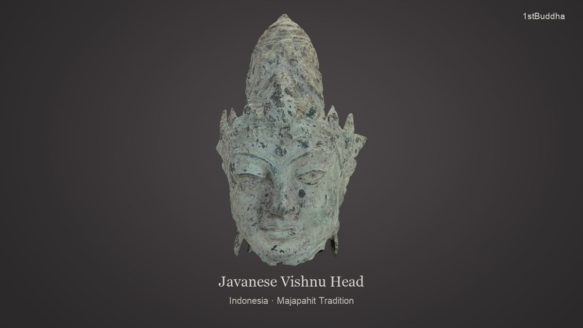 Productvideo van Bronzen Hoofd van Vishnu Java, Majapahit-traditie, mogelijk 14e–16e eeuw, met beelden van het object en details van het oppervlak en de decoratie.