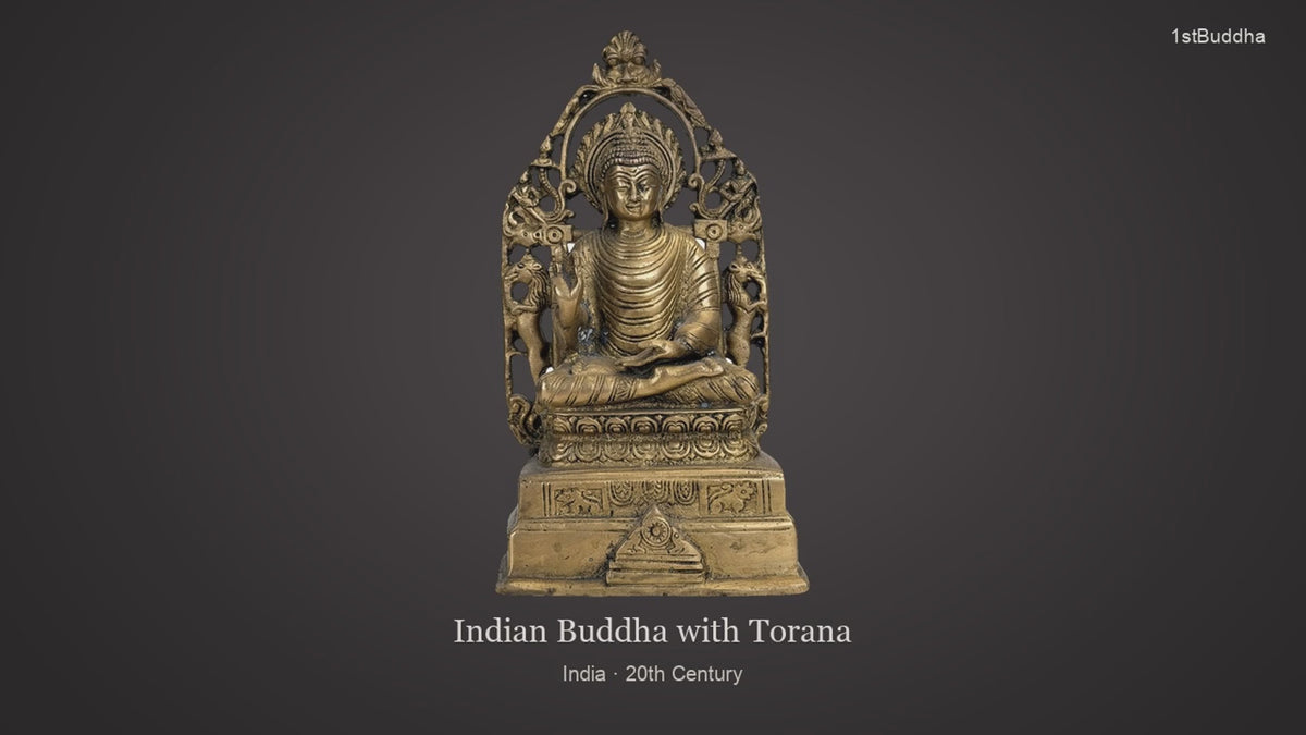 Productvideo van Oud Indiaas Boeddhabeeld in Koper met Torana – 20e Eeuw, met verschillende aanzichten en details van het object, oppervlak en decoratie.