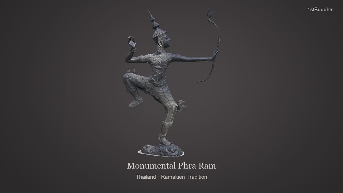 Productvideo van Monumentale Bronzen Phra Ram (Rama) Boogschutter – Thailand – 168 × 110 cm, met beelden van het object en details van het oppervlak en de decoratie.