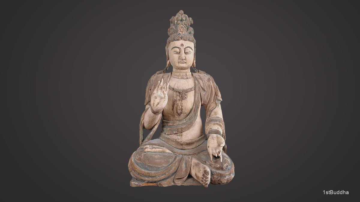 Chinese Guanyin in polychroom hout: volledig beeld en details van gelaat, handen, gewaad en achterzijde