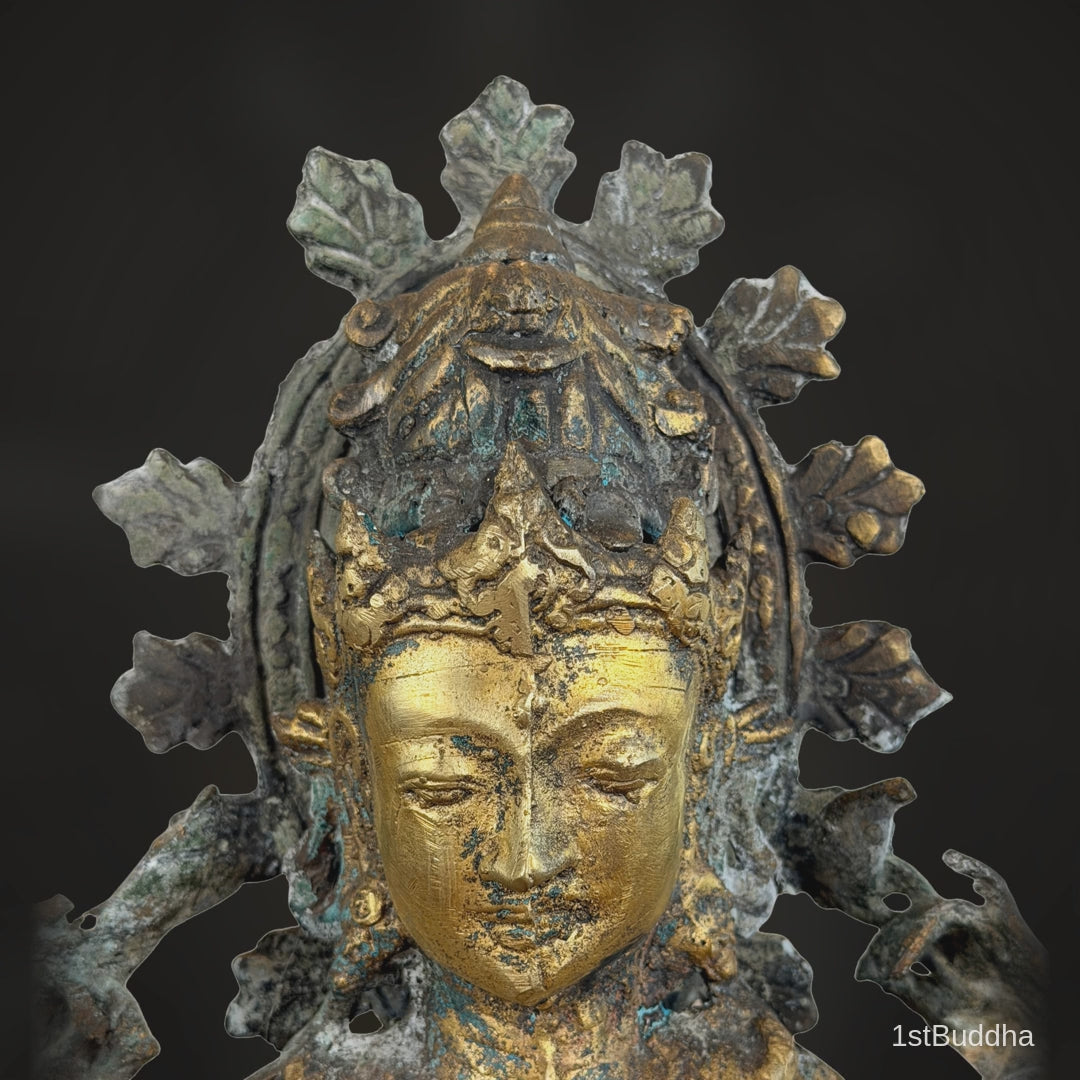 Video van de Indonesische vuurvergulde bronzen Avalokiteshvara: gezicht van dichtbij, driekwart links, rechterzijde, onderzijde en vooraanzicht