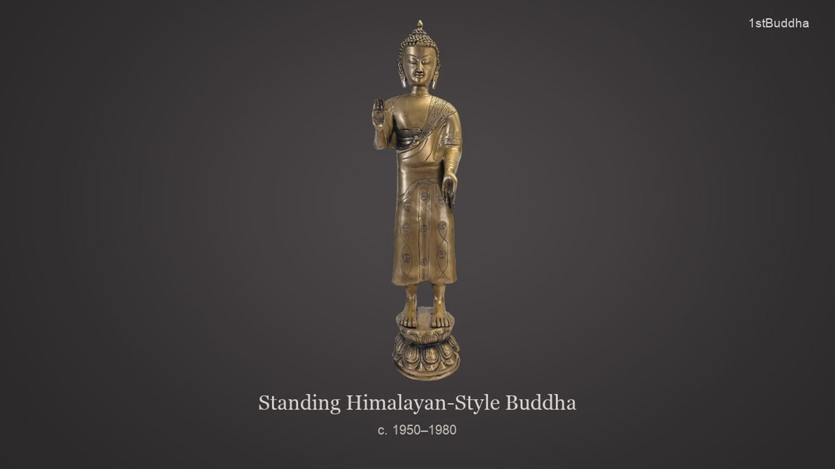 Productvideo van Monumentale staande Boeddha in brons, Himalayaans geïnspireerd, ca. 1950–1980, met verschillende aanzichten en details van het object, oppervlak en decoratie.