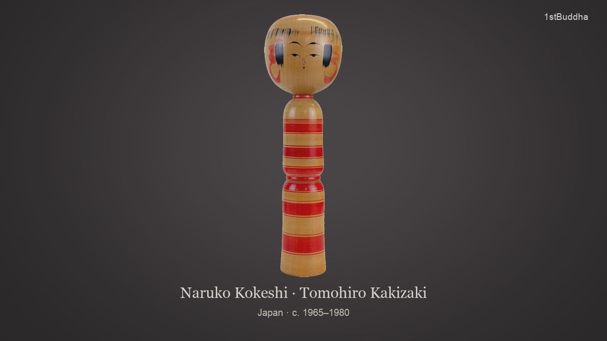 Productvideo van Handgesigneerde Traditionele Naruko Kokeshi – Tomohiro Kakizaki – 30,2 cm, met beelden van het object en details van het oppervlak en de decoratie.