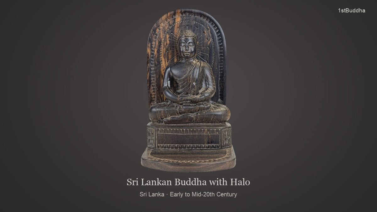 Productvideo van Sri Lankaanse Calamanderhouten Boeddha in Dhyana Mudra met Aureool – Lot 756, met verschillende aanzichten en details van het object, oppervlak en decoratie.