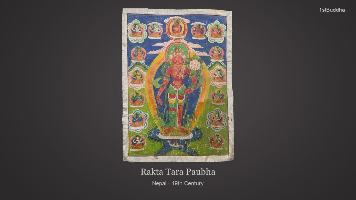 Productvideo van Monumentale 19e-eeuwse Nepalese Newar Paubha van Rakta Tara – Rode Tara van Wensvervulling en Voorspoed – 120 cm, met beelden van het object en details van het oppervlak en de decoratie.