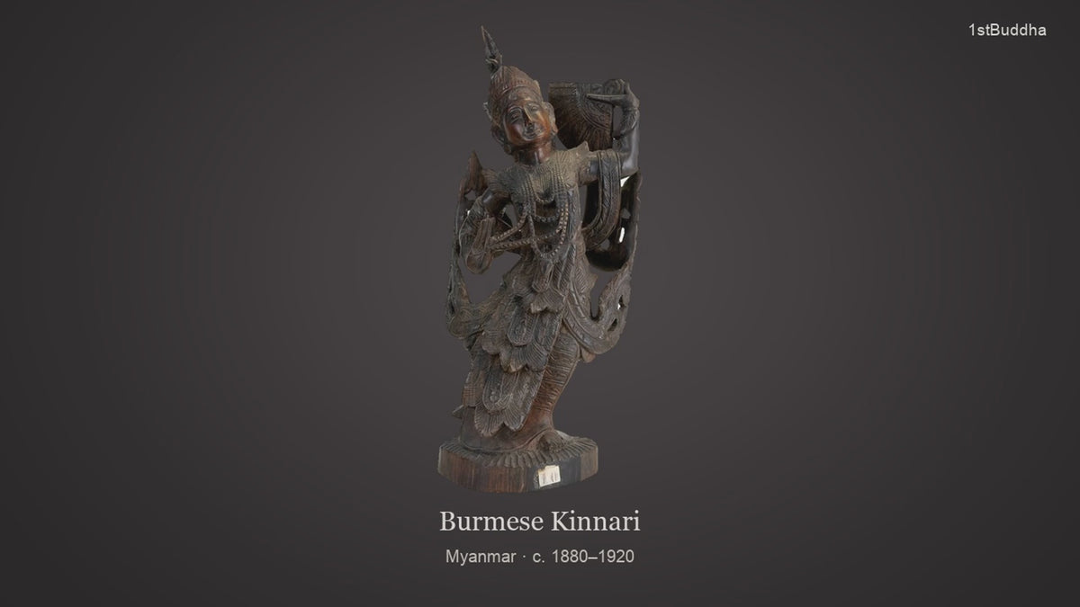 Productvideo van Antieke Kinnari, Birma (Myanmar), Mandalay-stijl, ca. 1880–1920 Massief handgesneden teak Pre-1926 antiek, met beelden van het object en details van het oppervlak en de decoratie.