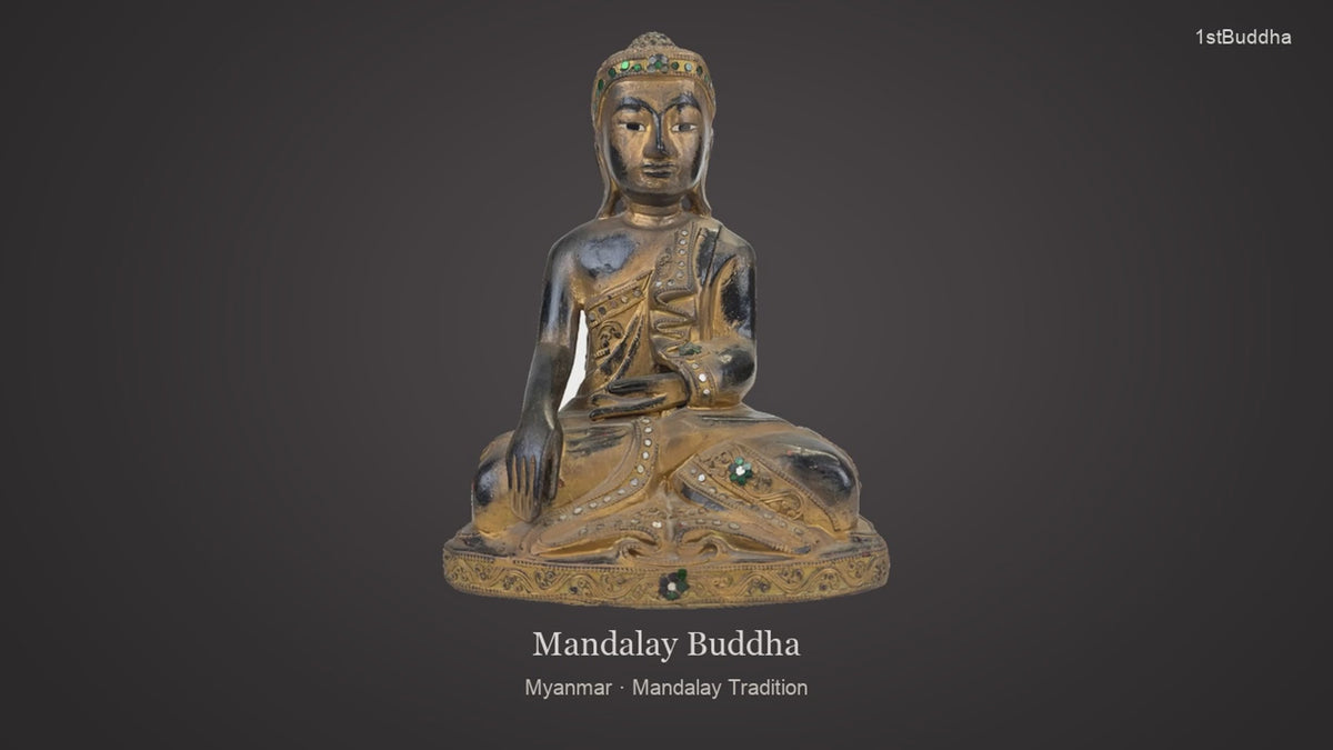 Productvideo van Birmese Vergulde Houten Boeddha met Glasinleg – Mandalay Stijl Myanmar, met beelden van het object en details van het oppervlak en de decoratie.