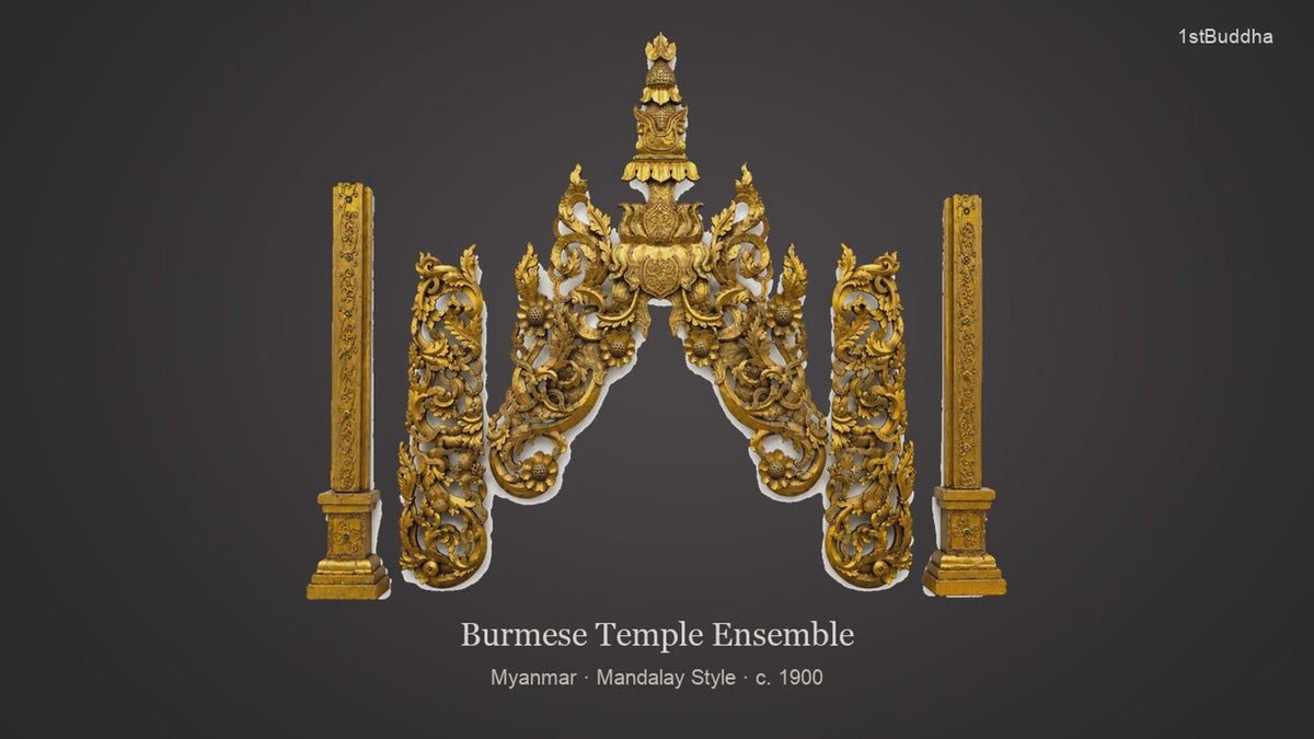 Productvideo van Monumentaal Birmaans Tempelfronton Ensemble (5-delig, ca. 200 cm hoog) – Mandalay-stijl (ca. 1900), met beelden van het object en details van het oppervlak en de decoratie.