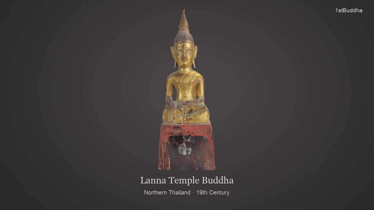 Productvideo van Antieke Houten Lanna Boeddha – Noord-Thailand – 19e Eeuw – Verguld Teakhout, met beelden van het object en details van het oppervlak en de decoratie.