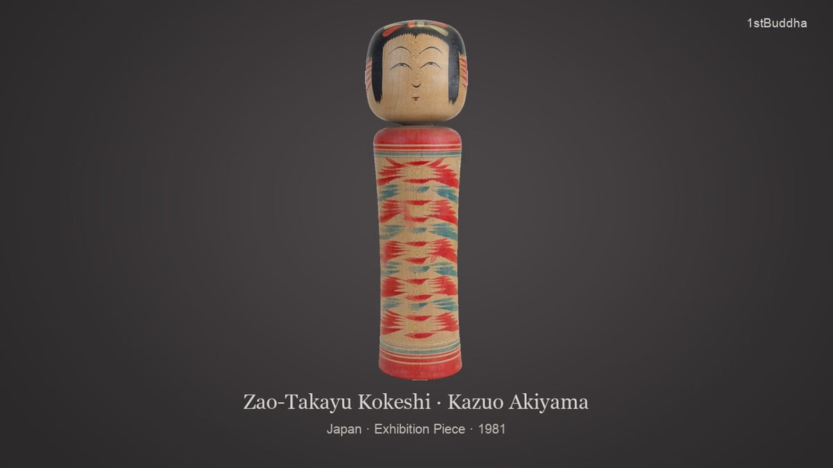Productvideo van Zeldzame 1981 Kazuo Akiyama Zao-Takayu Kokeshi – Expositie Stuk met Herkomst, met beelden van het object en details van het oppervlak en de decoratie.