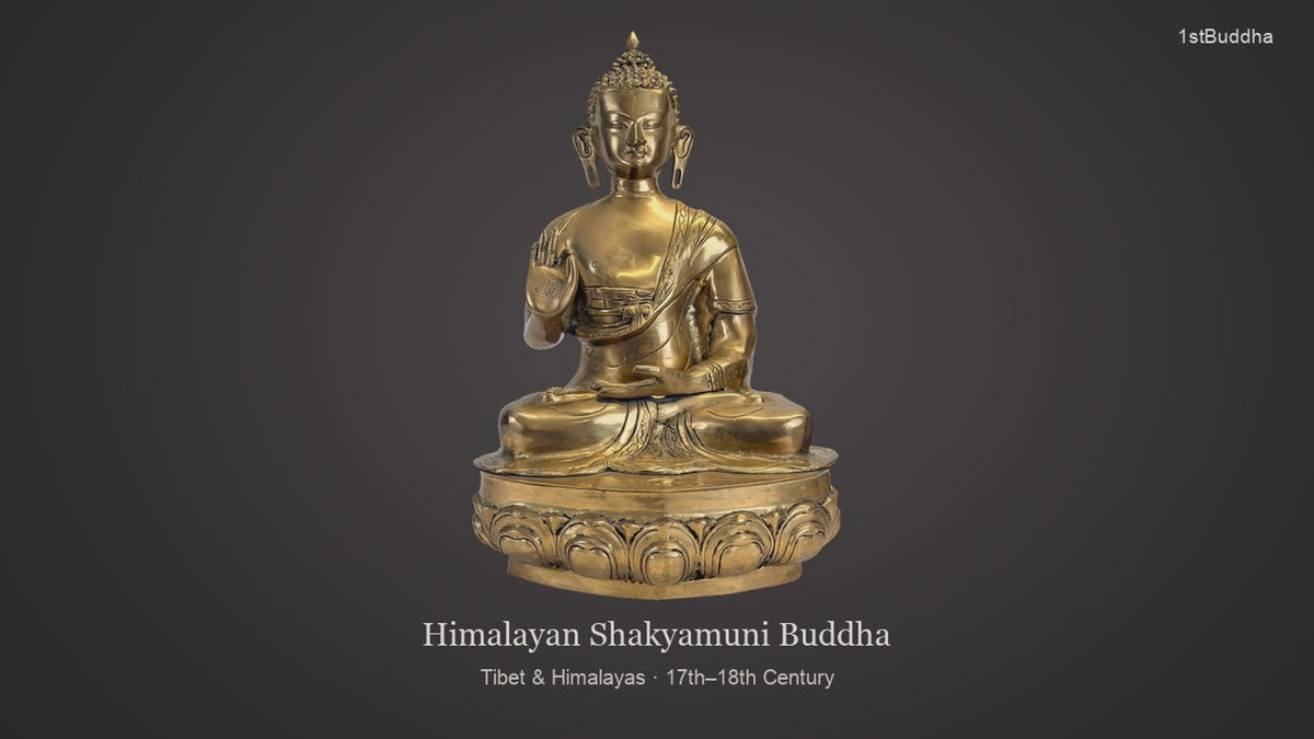 Productvideo van Antieke Tibetaans-Himalayaanse Shakyamuni Boeddha Brons – 17e/18e Eeuw – 56 cm, met beelden van het object en details van het oppervlak en de decoratie.