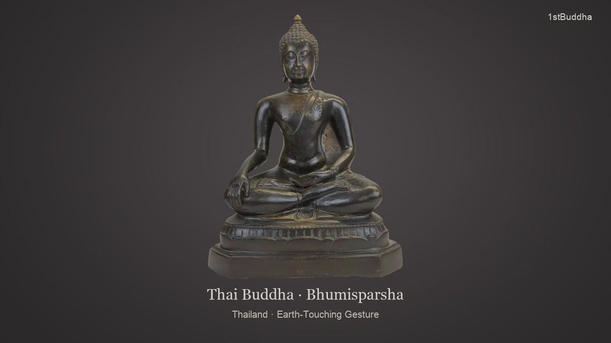Productvideo van Thaise Bronzen Boeddha in Bhumisparsha Mudra – Donkere Patina, met beelden van het object en details van het oppervlak en de decoratie.