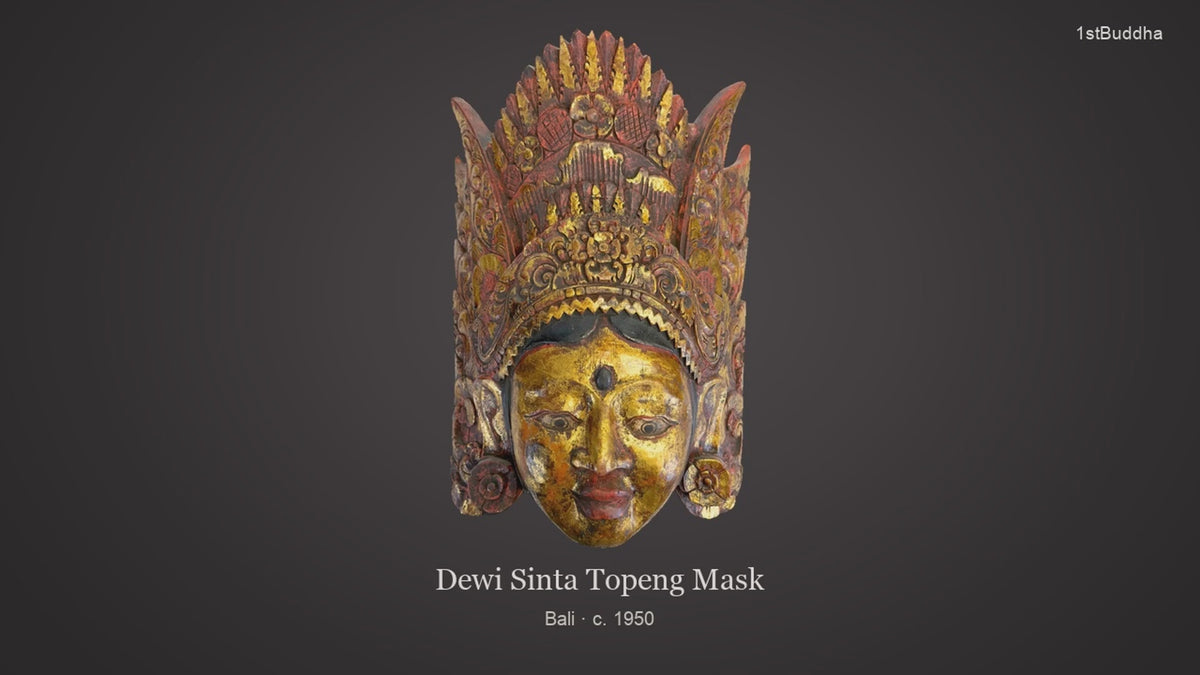 Productvideo van Monumentaal Balinees Topeng Masker Dewi Sinta – Pule Hout & Bladgoud – ca. 1950, met beelden van het object en details van het oppervlak en de decoratie.
