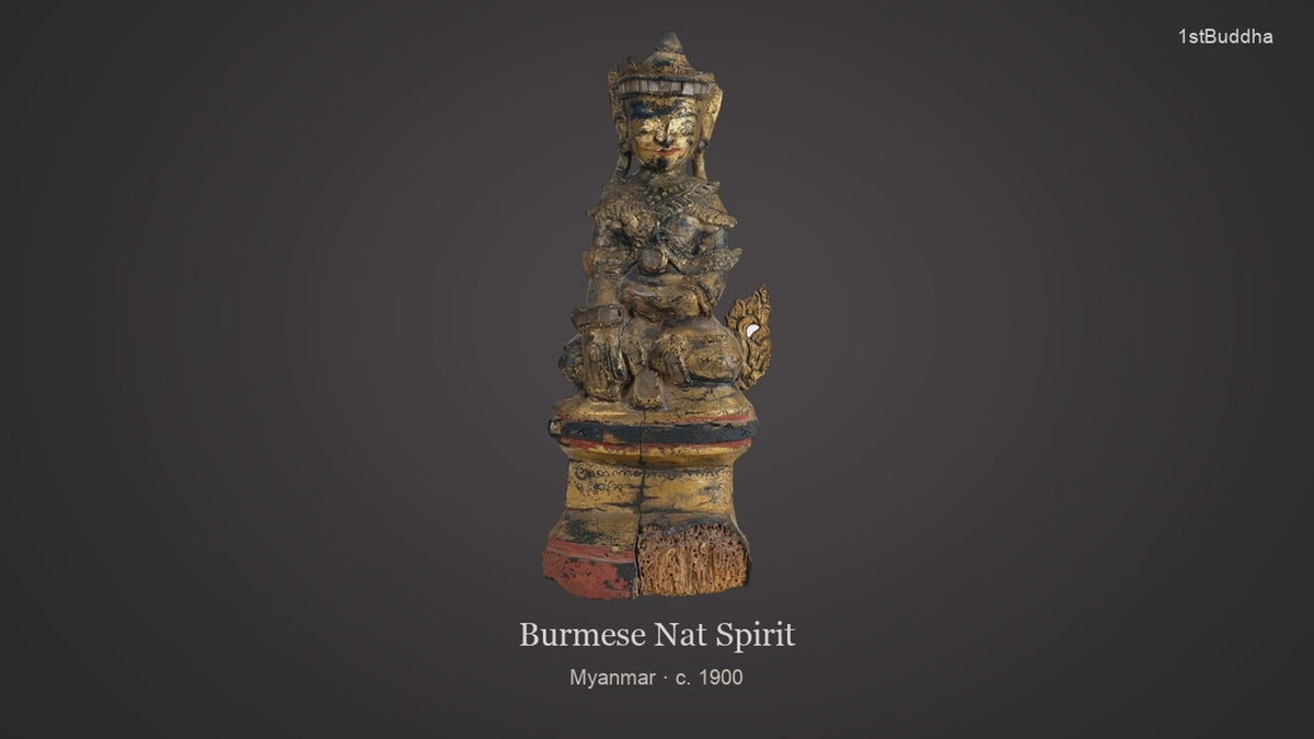 Productvideo van Antieke Birmese Nat-Geest – Verguld Houten Tempelbeeld, Myanmar, ca. 1900, met beelden van het object en details van het oppervlak en de decoratie.