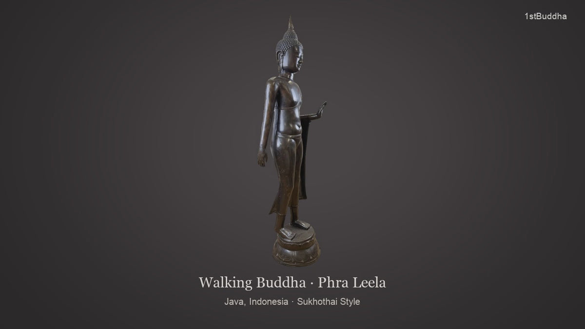 Productvideo van Levensgrote Bronzen Wandelende Boeddha – 117 cm, met beelden van het object en details van het oppervlak en de decoratie.