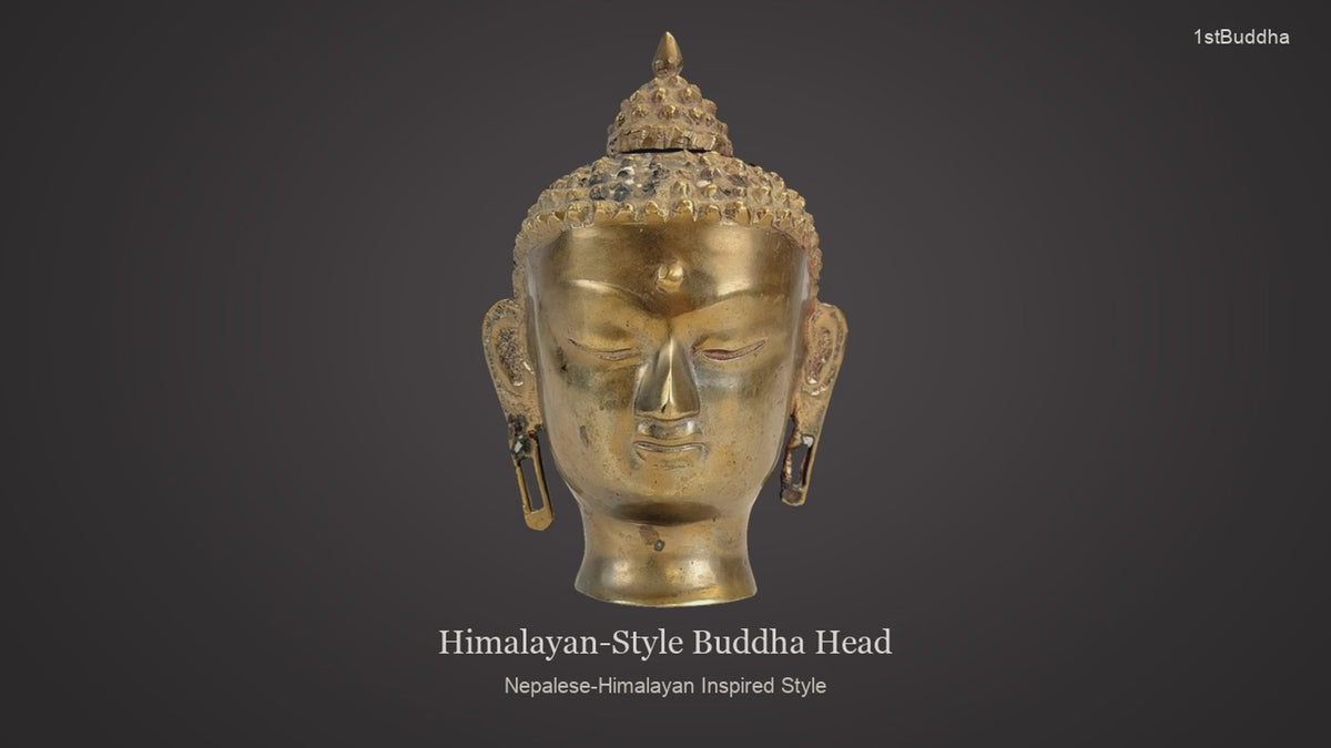 Productvideo van Bronzen Boeddhahoofd in Nepalees-Himalayaans geïnspireerde stijl, met verschillende aanzichten en details van het object, oppervlak en decoratie.
