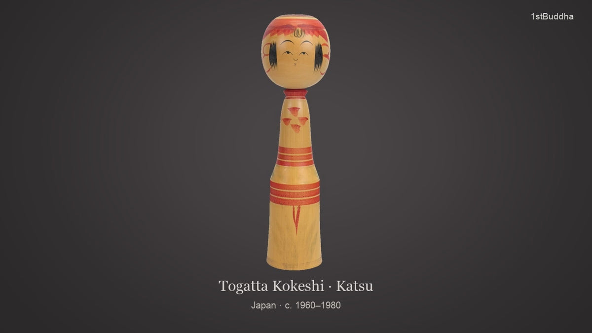 Productvideo van Gesigneerde Japanse Dento Kokeshi Pop – Togatta-stijl door Katsu (25,5 cm), met beelden van het object en details van het oppervlak en de decoratie.