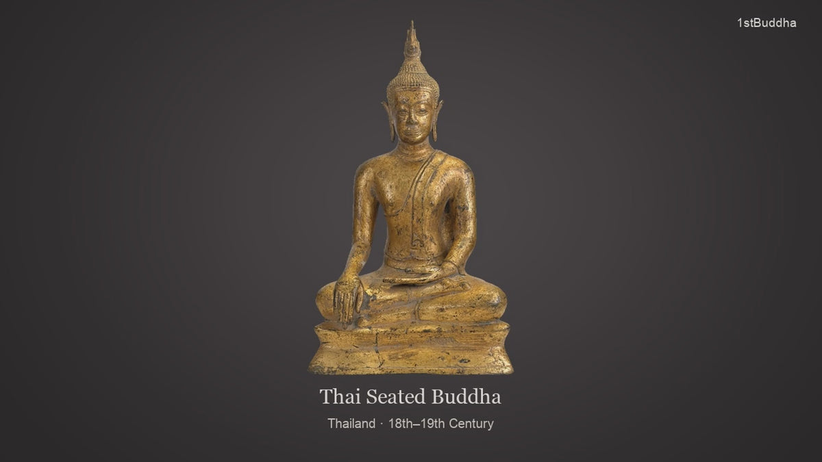 Productvideo van Antiek Thais Boeddhabeeld in Bhumisparsha Mudra - 18e/19e Eeuwse Rattanakosin-stijl - Gilded Brons, met beelden van het object en details van het oppervlak en de decoratie.