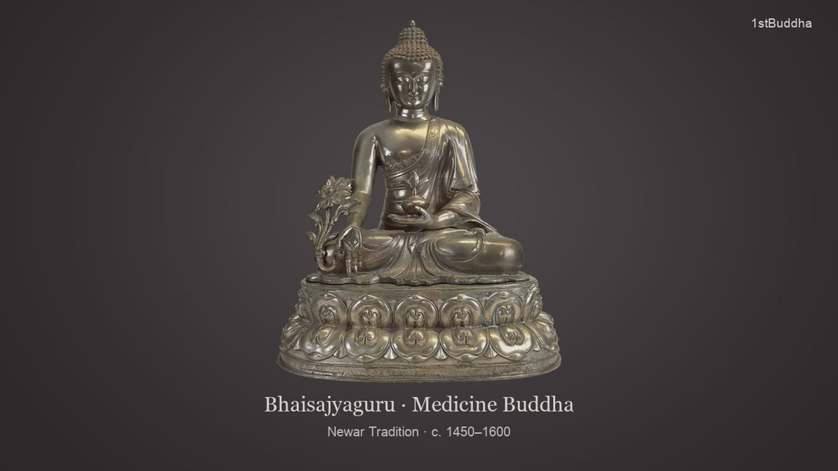 Productvideo van Monumental Silvered Bronze Bhaisajyaguru (Medicine Buddha), Newar Tradition, Kathmandu Valley for Tibet, ca. 1450–1600, met beelden van het object en details van het oppervlak en de decoratie.