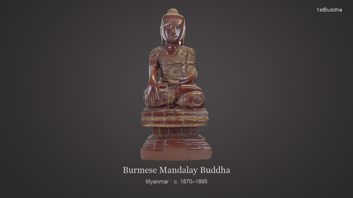Productvideo van Antiek Birmees Mandalay Boeddhabeeld in Thit-si Lak en Bladgoud – Konbaung-periode, ca. 1870–1895 (63,5 cm), met beelden van het object en details van het oppervlak en de decoratie.